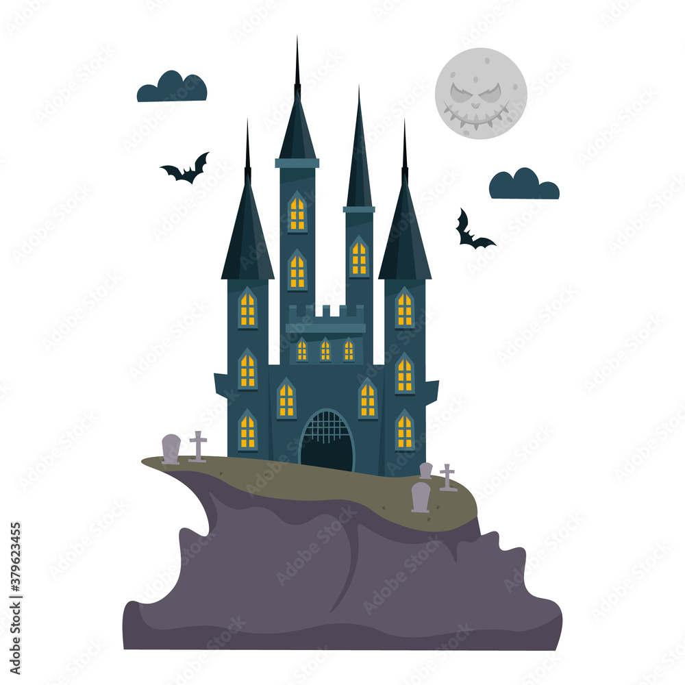 Fototapeta Mysterious medieval gothic castle on top of the hill. Vector cartoon illustration.