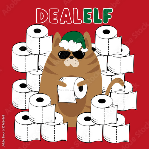 Dealer Elf cat with toilet papers, on red backround. Funny greeting card for Christmas in covid-19 pandemic self isolated period. 