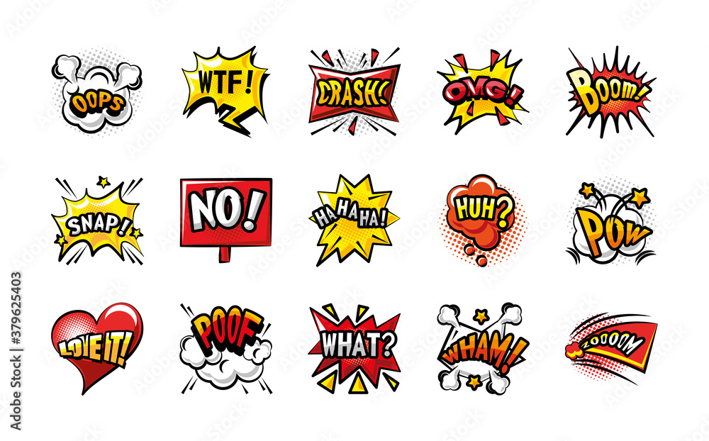 pop art bubbles detailed style set of icons vector design