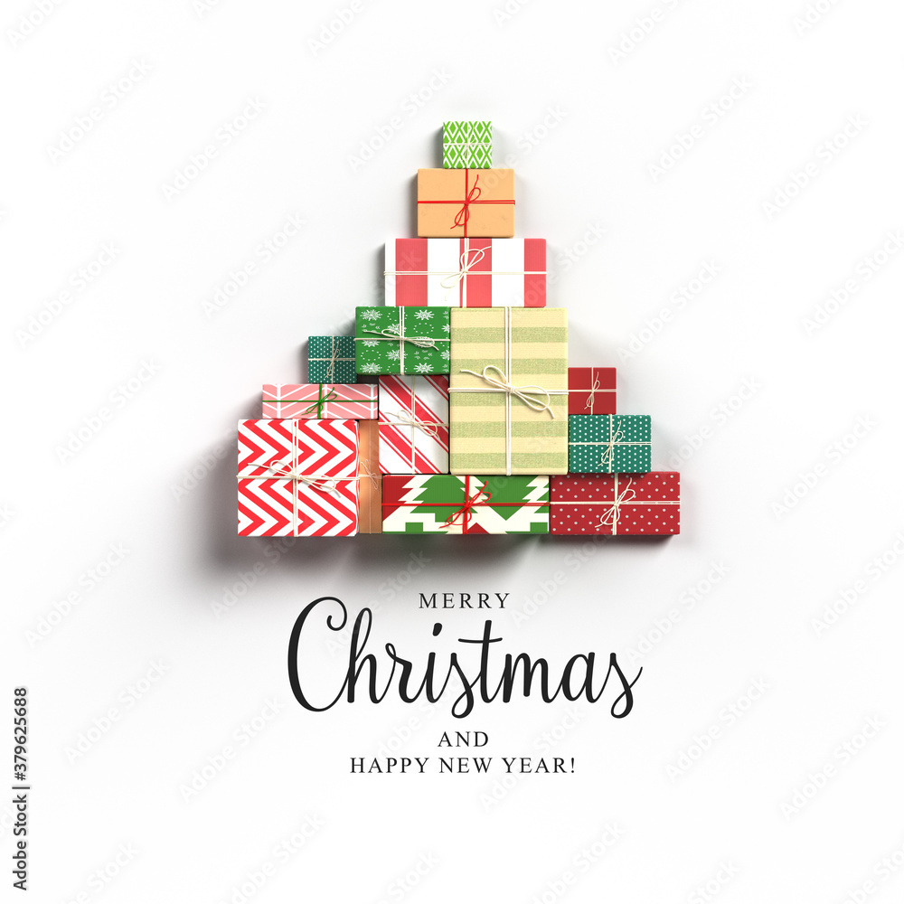 3d illustration. Christmas card with Christmas tree made of gift boxes 3d illustration. Christmas card with Christmas tree made of gift boxes