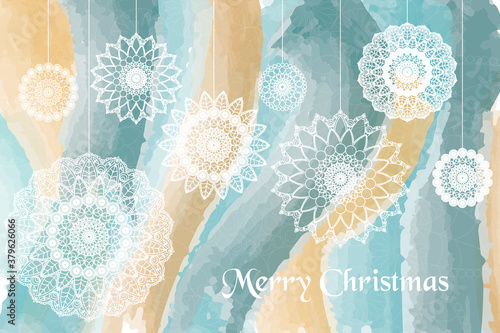 Watercolor christmas mandala card. Gold and turquoise colors.