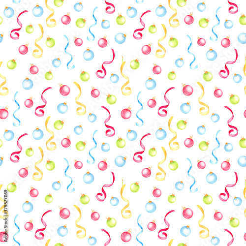 Watercolor hand painted seamless pattern with colored christmas ball and ribbons.