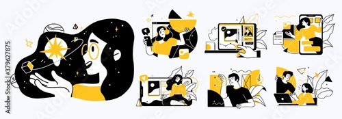 Business Concept illustrations. Collection of scenes with men and women taking part in business activities. Trendy vector style.