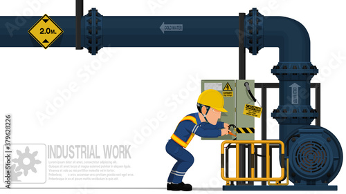 An electrical worker is repairing the electrical cabinet on white background