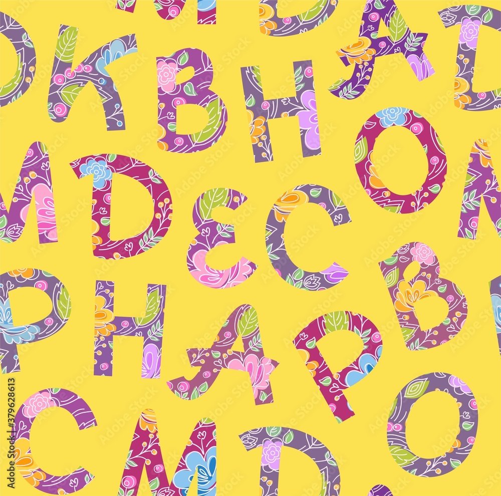 Floral letters, seamless pattern, yellow. Lilac letters with flowers and leaves. Uppercase handwritten letters. Vector. Floral letters, seamless pattern, yellow. Lilac letters with flowers and leaves. Uppercase handwritten letters. Vector.