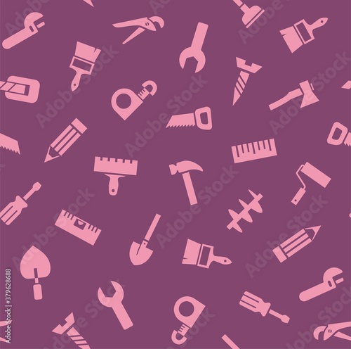 Hand tools, construction, seamless pattern, color, purple. Pink icons on a purple field. Colored flat background. Vector. 