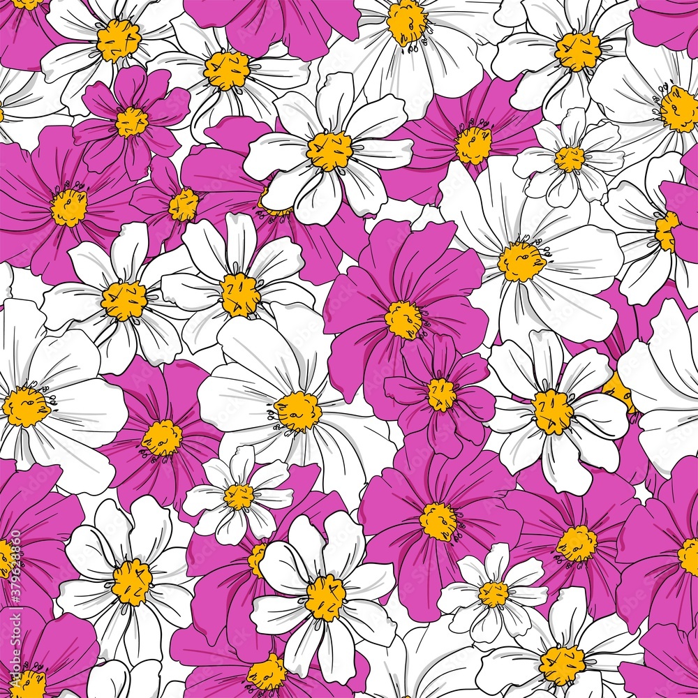 Seamless pattern sketch pink and white chamomile flowers design print blue background for textile and fabric ornament vector illustration Seamless pattern sketch pink and white chamomile flowers design print blue background for textile and fabric ornament vector illustration