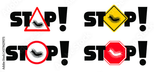 Stop Pine or Oak processionary marching Caterpillar moth Waring procession OPM signs Tiny hairs allergic reaction Poisonous banner Vector tree lind Beware sign Nest, swarm of thaumetopoea processione