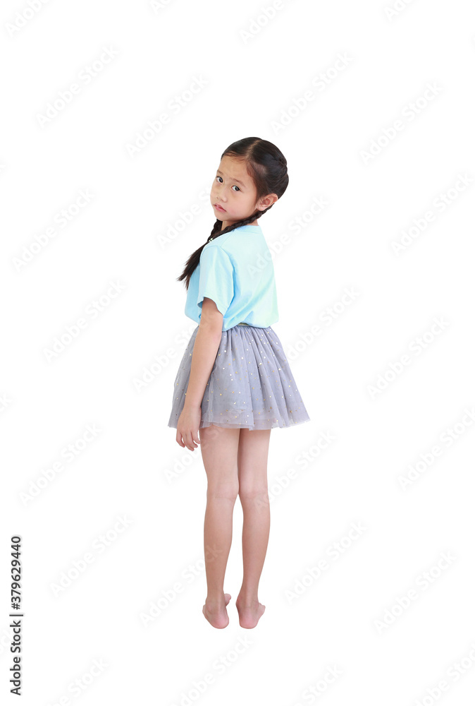 Portrait asian little kid girl with pigtail hair twisted necklace look back isolated on white background Portrait asian little kid girl with pigtail hair twisted necklace look back isolated on white background