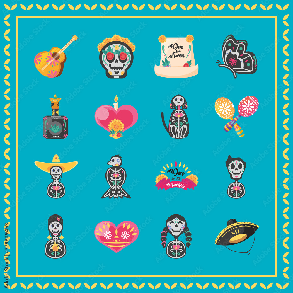 Mexican day of dead detailed style icons collection vector design