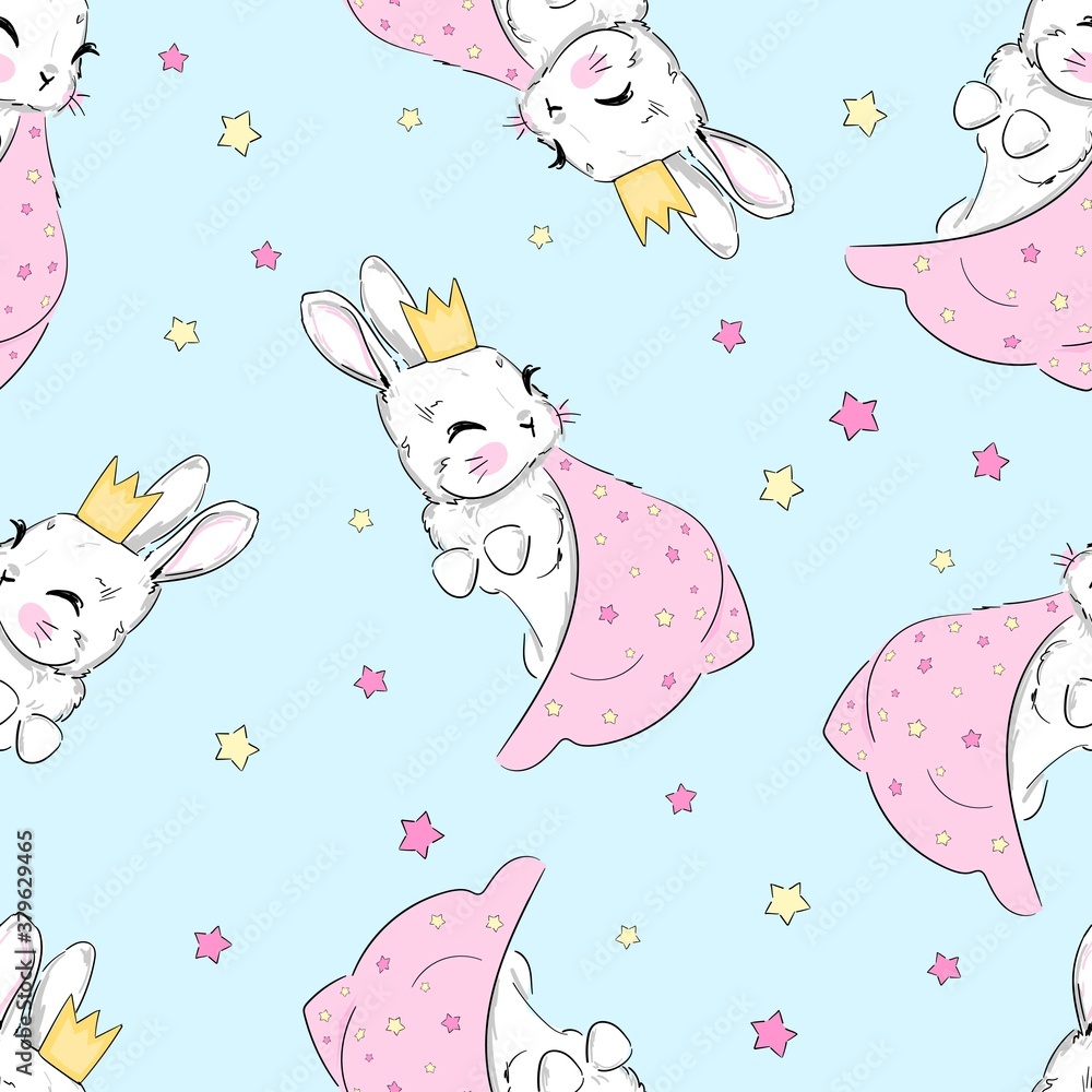 Seamless pattern cute bunny in a crown and a mantle with stars princess childish rabbit print for textile vector illustration Seamless pattern cute bunny in a crown and a mantle with stars princess childish rabbit print for textile vector illustration