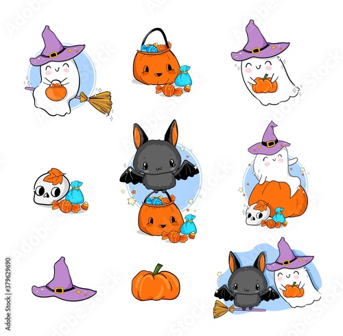 Set of cute illustration halloween ghost with pumpkin and bat with sweets design element for the holiday vector