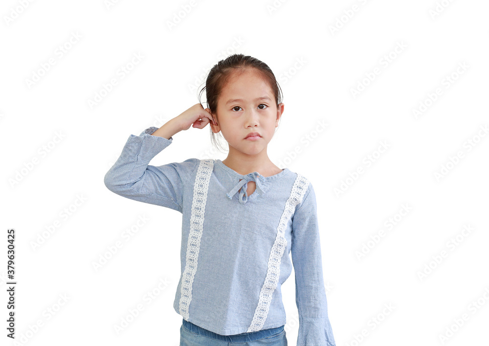 Portrait of asian little girl Itchy ears and putting little finger scratch it isolated over white background. Portrait of asian little girl Itchy ears and putting little finger scratch it isolated over white background.