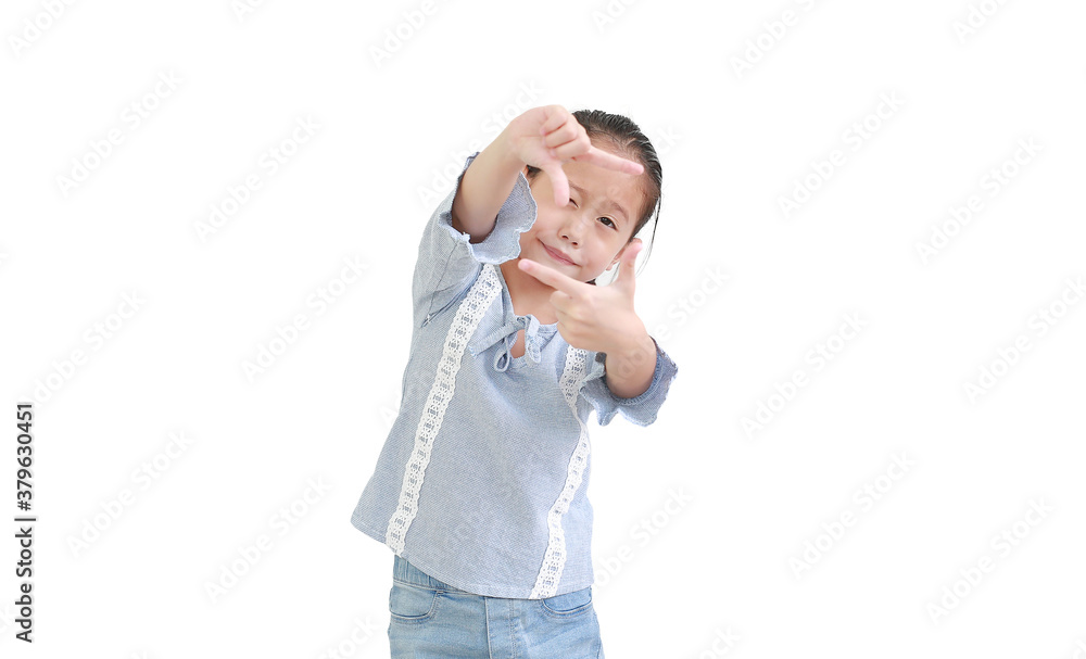 Asian little child girl making frame with fingers isolated on white background Asian little child girl making frame with fingers isolated on white background
