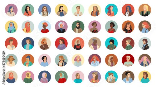 Large set of portraits women, bundle with avatars of girls different nationalities and races. Round portraits. Vector illustration on white backgroun
