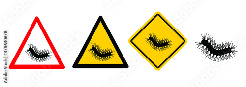 Stop Pine or Oak processionary marching Caterpillar moth Waring procession OPM signs Tiny hairs allergic reaction Poisonous banner Vector tree lind Beware sign Nest, swarm of thaumetopoea processione