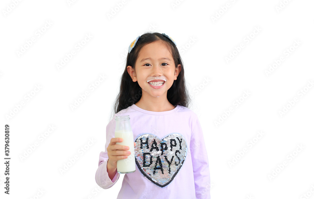 Cheerful asian little child girl drinking milk from glass bottle isolated on white background. Cheerful asian little child girl drinking milk from glass bottle isolated on white background.