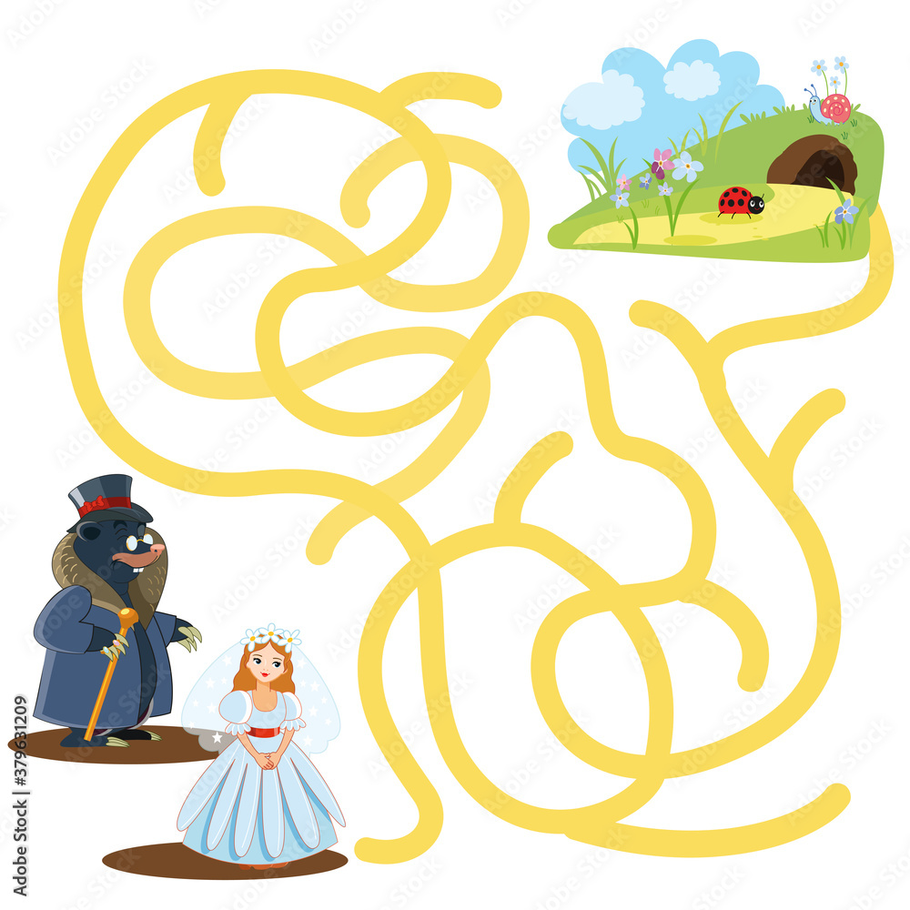 Help Thumbelina find a way out of the mole's hole. Educational game for  children. Cartoon vector illustration. Maze. Stock Vector | Adobe Stock