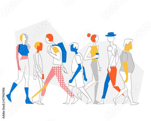 Personaggi maschili e femminili che camminano