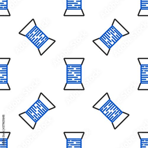 Line Sewing thread on spool icon isolated seamless pattern on white background. Yarn spool. Thread bobbin. Colorful outline concept. Vector.