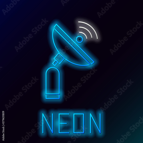 Glowing neon line Radar icon isolated on black background. Search system. Satellite sign. Colorful outline concept. Vector.