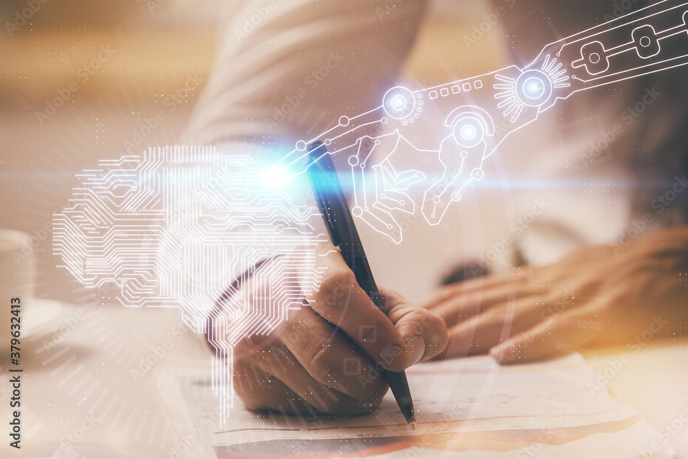 Fototapeta premium Man with multi exposure brain theme icons.