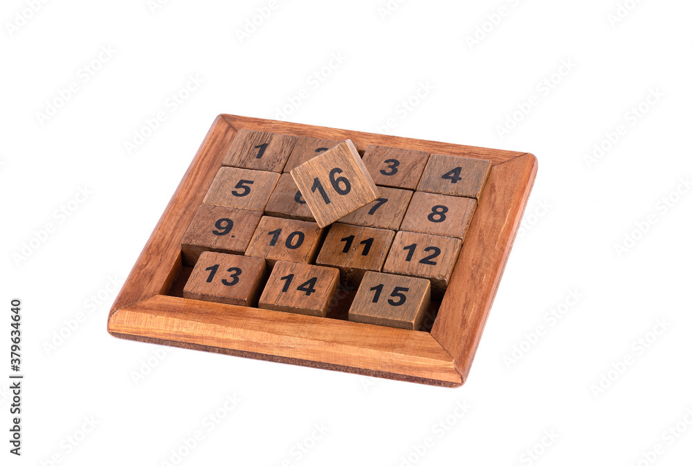 Game of Fifteen - wooden sliding puzzle isolated on white background. Game of Fifteen - wooden sliding puzzle isolated on white background.