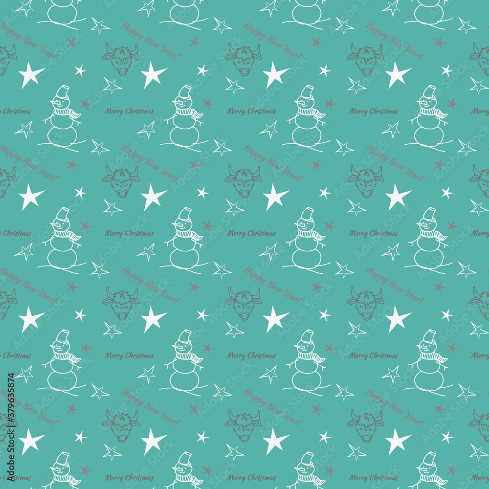 Fototapeta premium New Year and Christmas seamless pattern with funny images of a bull, a snowman and gifts on a blue background. The symbol of the new year of the Chinese calendar.