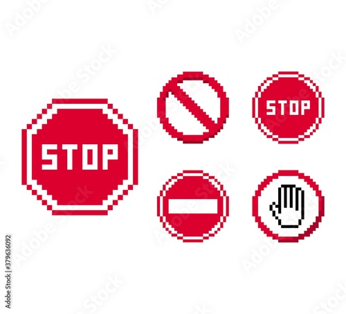 Pixel art 8-bit road prohibiting sign set. Stop signs on white background - editable isolated vector illustration