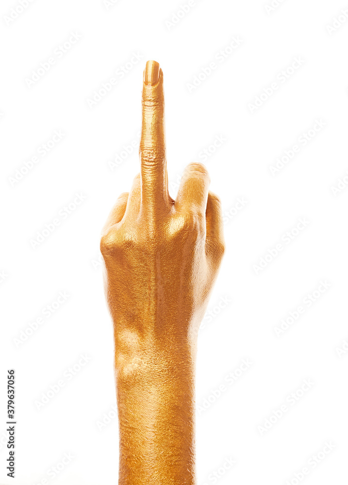 Hands in gold paint. Golden fingers. Female hand isolated on white background. White woman's hand showing symbols and gestures. Hands in gold paint. Golden fingers. Female hand isolated on white background. White woman's hand showing symbols and gestures.