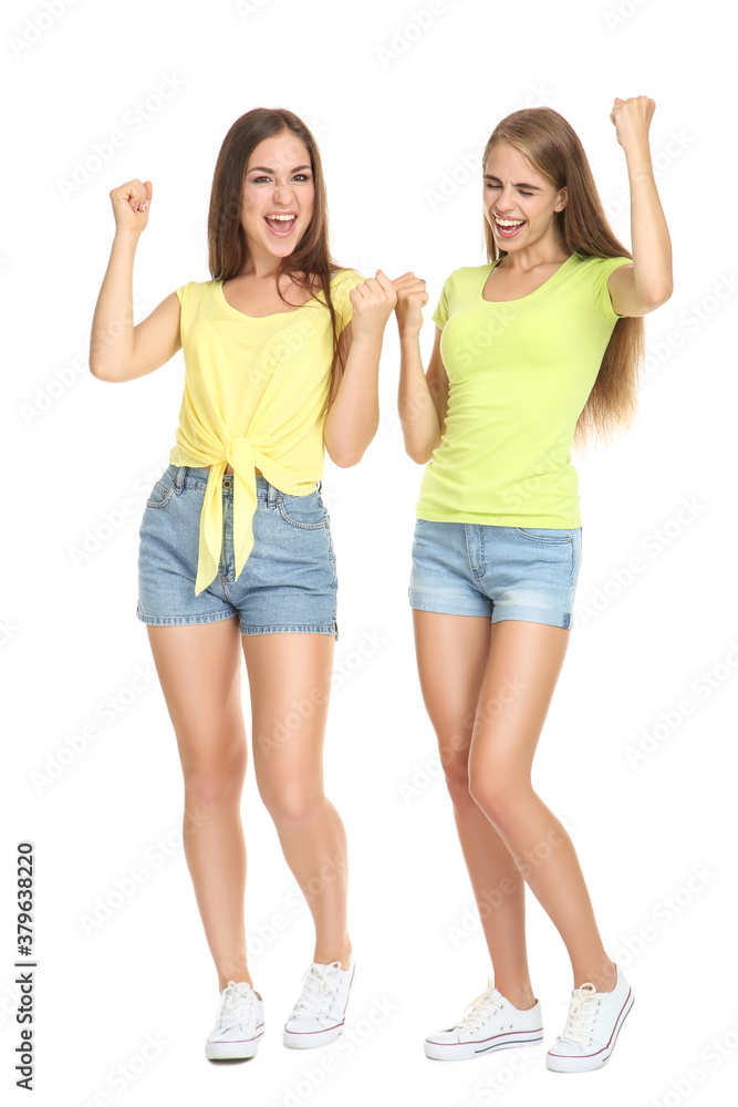 Young happy girlfriends isolated on white background Young happy girlfriends isolated on white background