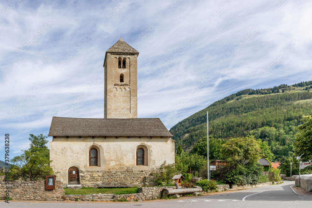The ancient Church of San Benedetto in the historic center of Malles Venosta, South Tyrol, Italy