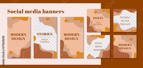 Modern design backgrounds for social media banner in beige colors. Set of editable web banner templates. Trendy minimalist story mockup for blog or shop. Vector illustration