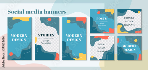 Set of web banner for social media mobile apps, stylish design in blue colors. Background for social media posts, story and photos. Editable templates with space for text. Flat vector Illustration
