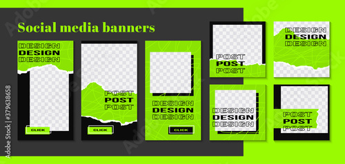 Modern web banner for social media mobile apps in black and light green. Stylish social media posts, story and photos. Editable templates with space for text. Vector Illustration