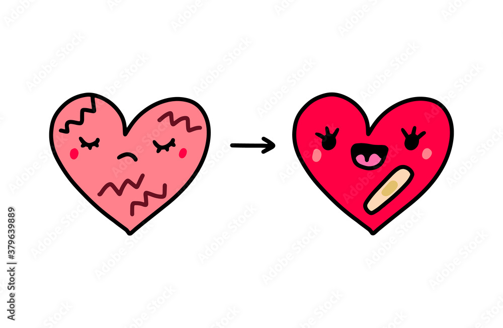 Broken heart before and after psychotherapy hand drawn vector illustration in cartoon comic style