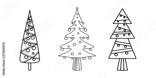 Vector set of vertically narrow three Christmas trees in sketch style on white background isolated. Perfect doodle design for vertical banner, recolam, New Year booklet, flyer, vertical banner.