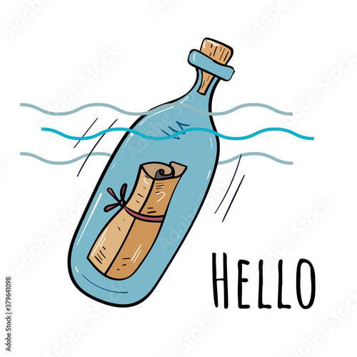 Bottle with a letter to the sea. Vector design element.