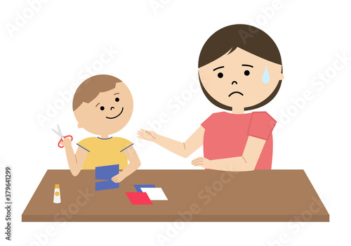 はさみを使う男の子と心配する女性のイラスト