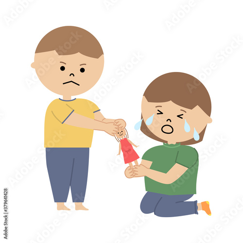 おもちゃの取り合いをする子供たちのイラスト