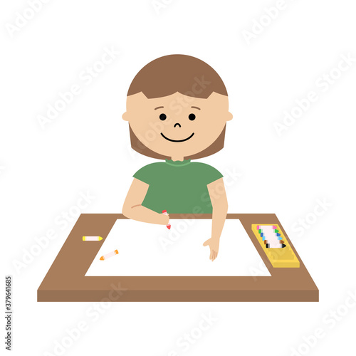 机でお絵かきをしている女の子のイラスト