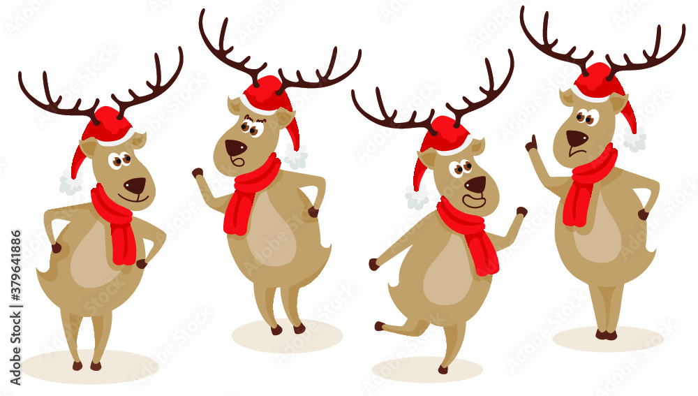 Set of deer with Christmas hat and scarf. Isolated