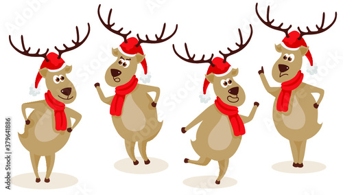 Set of deer with Christmas hat and scarf. Isolated