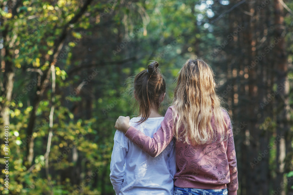 Two girls friends hugged and walk through the forest on a sunny day. Autumn coniferous forest in Siberia in Russia. Two girls friends hugged and walk through the forest on a sunny day. Autumn coniferous forest in Siberia in Russia.