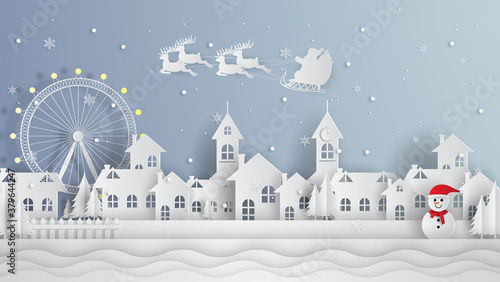 Merry Christmas and Happy New Year. Illustration of Santa Claus on the sky coming to City ,paper art and digital craft style