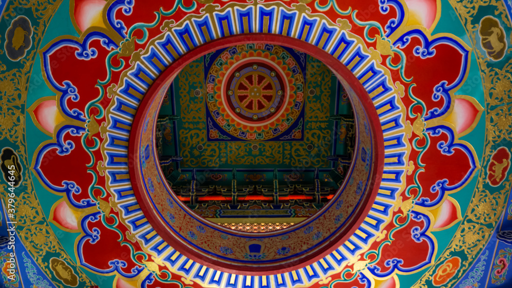 Colours of traditional Chinese arts and architecture. Chinese roof top and blue sky
