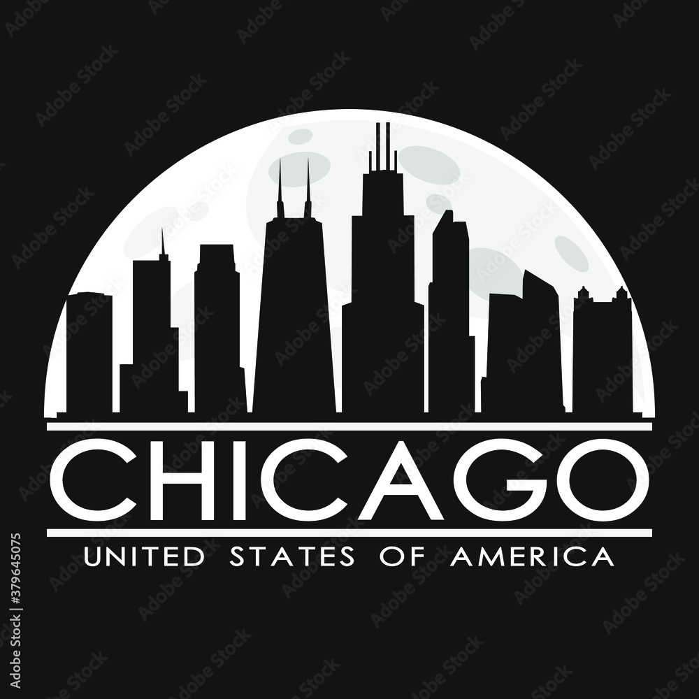 Chicago Illinois, Full Moon Night Skyline Silhouette Design City Vector Art.