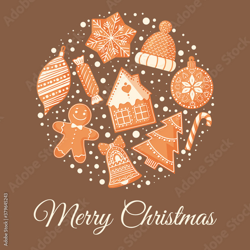 Christmas wreath with gingerbread cookies. Design for Christmas and New Year card, poster, banner, postcard, print. Vector illustration.