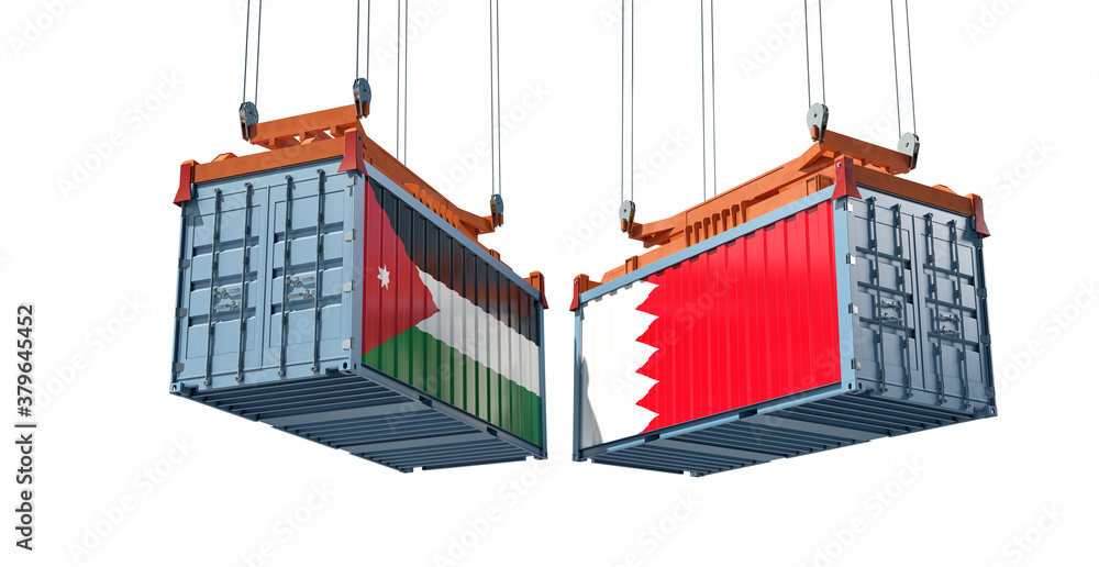 Freight containers with Jordan and Bahrain flag. 3D Rendering 