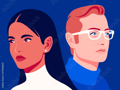 Woman and man. Family relationships and gender conflict. Psychology. Husband and wife are getting divorced. Vector flat illustration